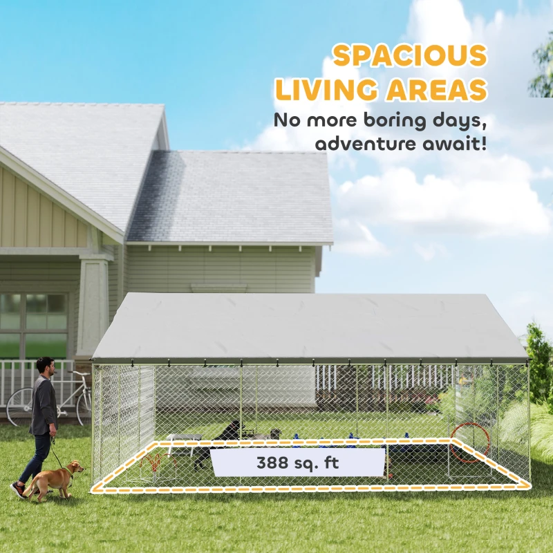 PawHut Heavy Duty Outdoor Dog Kennel with Waterproof Roof, Secure Latch, Chain Link Dog Run for Backyard, 19.7' x 19.7' x 8.9'