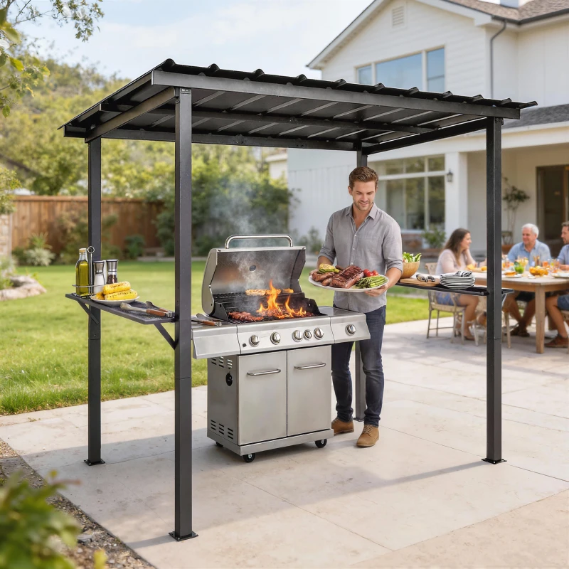 Outsunny 9' x 6' Hardtop Grill Gazebo, BBQ Gazebo with 2 Side Shelves and Galvanized Metal Slope Roof, Black