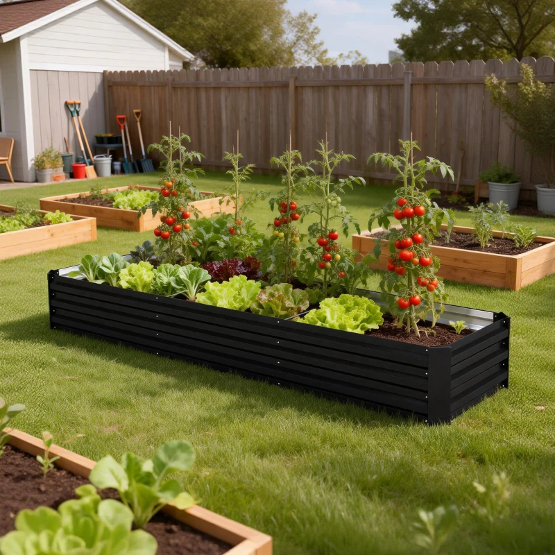 Outsunny 8'x2'x1' Galvanized Raised Bed, Large Elevated Planter Box for Growing Flowers, Herbs and Vegetables, Black