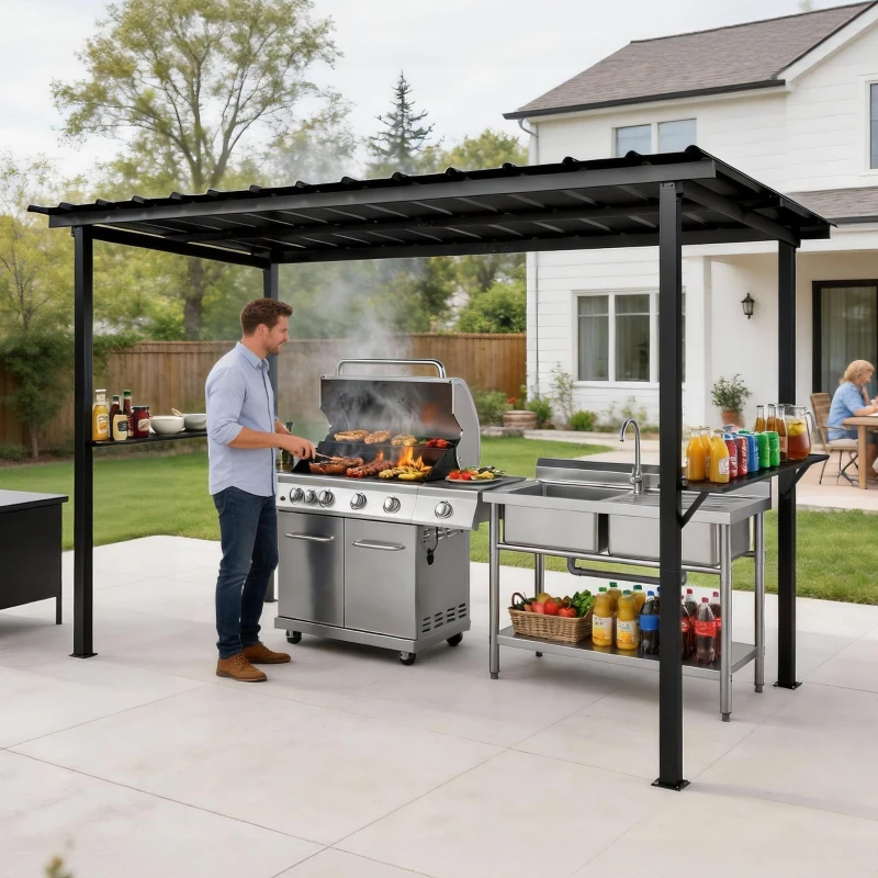 Outsunny 12' x 6' Hardtop Grill Gazebo, BBQ Gazebo with 2 Side Shelves and Galvanized Metal Slope Roof, Black