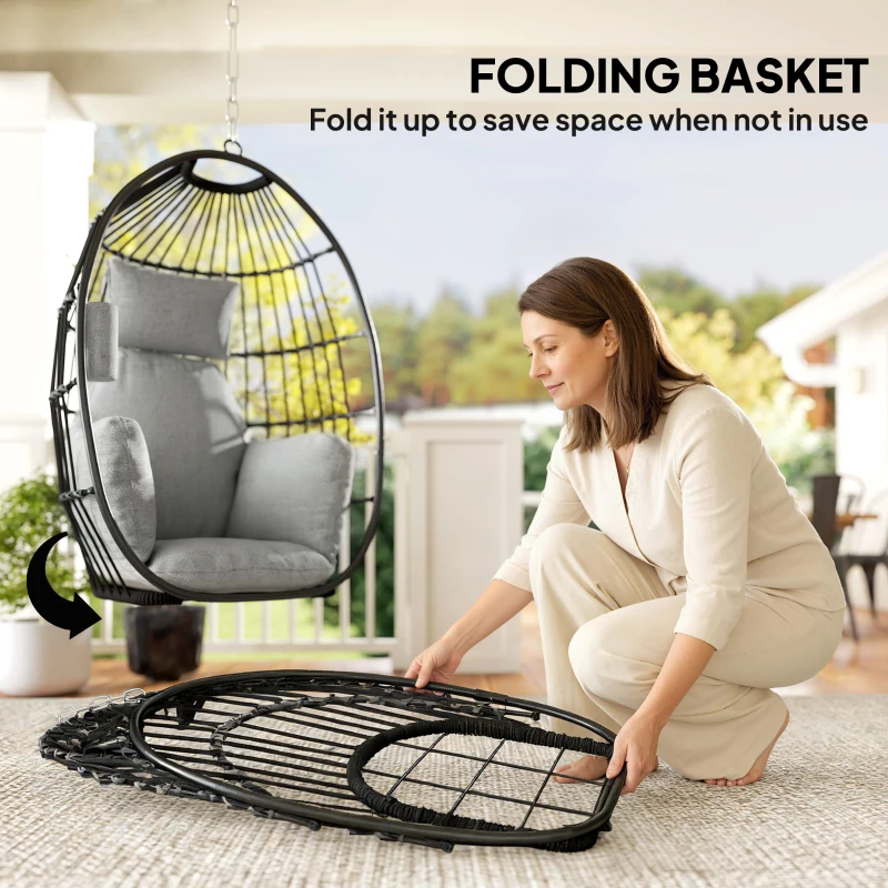 Outsunny Hanging Egg Chair Without Stand, Foldable Basket Swing Chair with Head Pillow, Soft Cushion and Cup Holder, Dark Grey