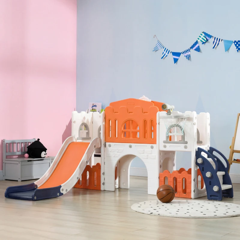 Qaba 7 in 1 Toddler Slide with Basketball Hoop, Climber, Telescope, Tunnel, Steering Wheel, for 1-3 Years, Orange