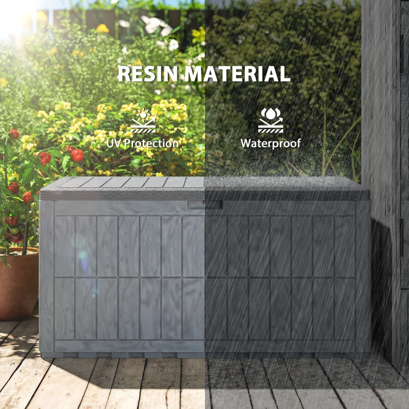Outsunny 100 Gallon Resin Deck Box, Waterproof Lockable Outdoor Storage Box with Pneumatic Gas Rods, Side Handles