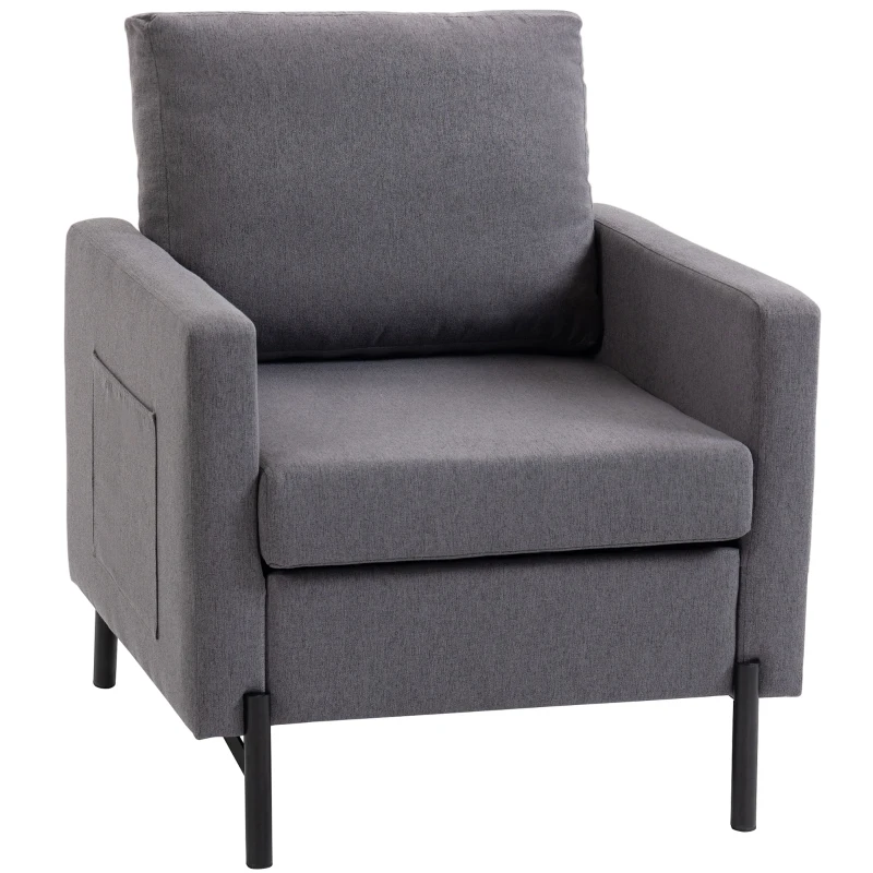 HOMCOM Accent Chair Modern Upholstered Armchair with Side Pockets and Cushion for Bedroom, Living Room, Dark Grey