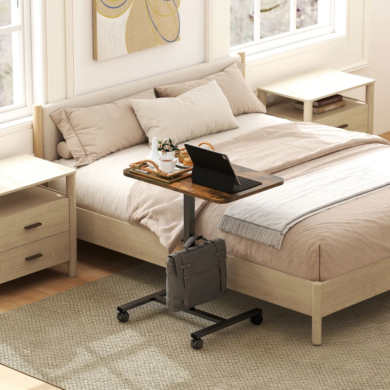 HOMCOM Height Adjustable Standing Desk, Pneumatic Sit Stand Desk with Wheels and Headphone Hook, Rustic Brown