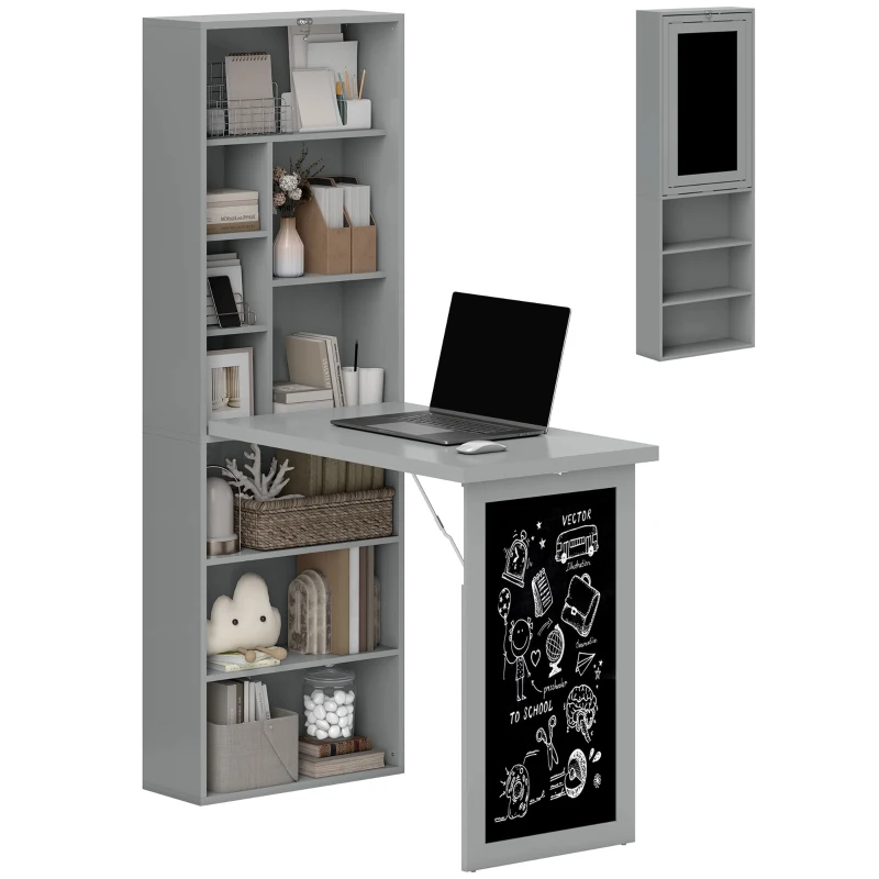 HOMCOM Fold-out Convertible Office Desk, Wall Mount Computer Desk with Blackboard and Side Shelf, Charcoal Grey