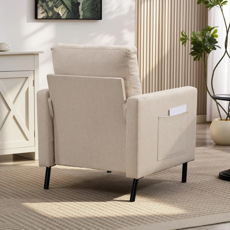 HOMCOM Accent Chair Modern Upholstered Armchair with Side Pockets and Cushion for Bedroom, Living Room, Beige