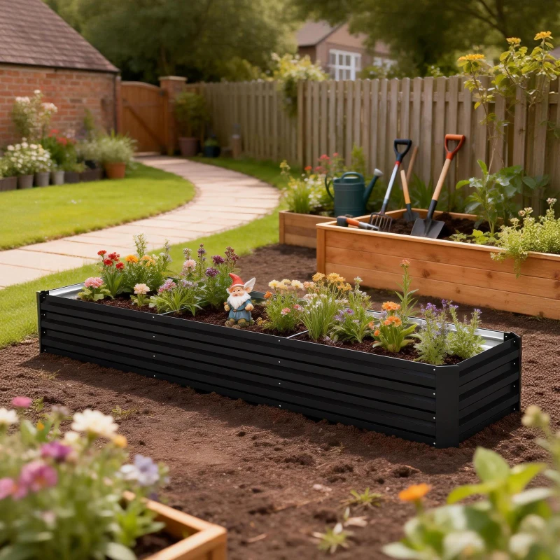 Outsunny 8'x2'x1' Galvanized Raised Bed, Large Elevated Planter Box for Growing Flowers, Herbs and Vegetables, Black