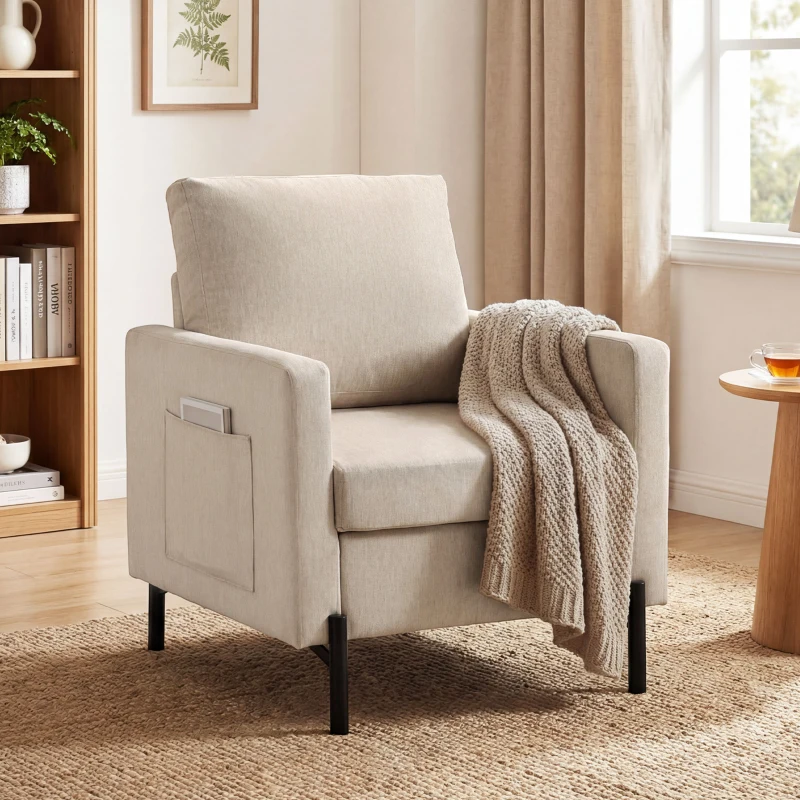 HOMCOM Accent Chair Modern Upholstered Armchair with Side Pockets and Cushion for Bedroom, Living Room, Beige