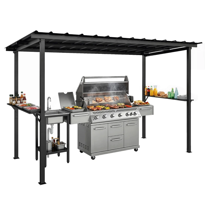 Outsunny 12' x 6' Hardtop Grill Gazebo, BBQ Gazebo with 2 Side Shelves and Galvanized Metal Slope Roof, Black