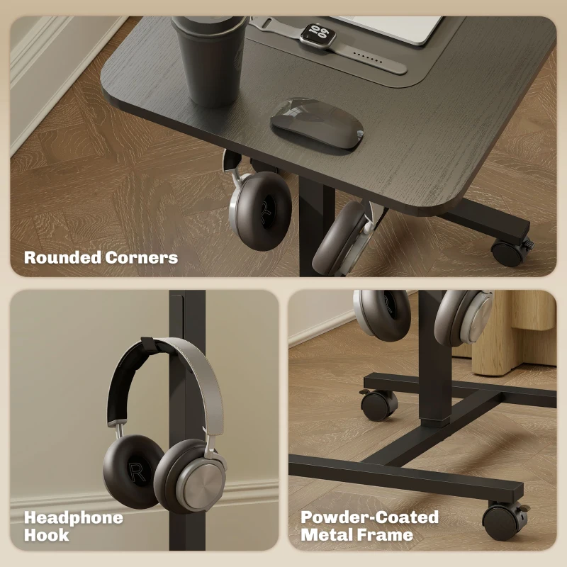 HOMCOM Height Adjustable Standing Desk, Pneumatic Sit Stand Desk with Wheels and Headphone Hook, Black Wood Grain