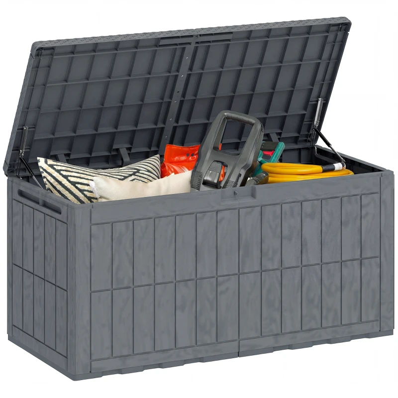 Outsunny 100 Gallon Resin Deck Box, Waterproof Lockable Outdoor Storage Box with Pneumatic Gas Rods, Side Handles