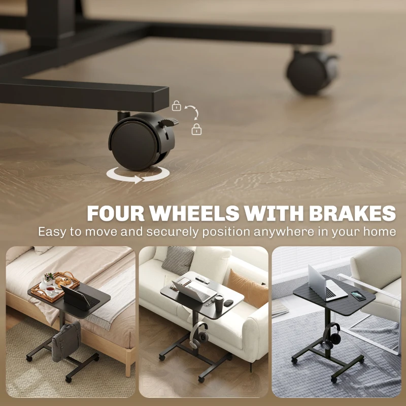 HOMCOM Height Adjustable Standing Desk, Pneumatic Sit Stand Desk with Wheels and Headphone Hook, Black Wood Grain