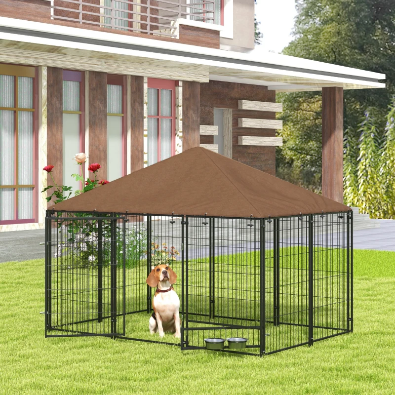 PawHut Outside Dog Kennel, 6.9' x 4.6' x 5' Puppy Play Pen with Canopy, Garden Playpen Fence Crate with Rotating Bowl, Black