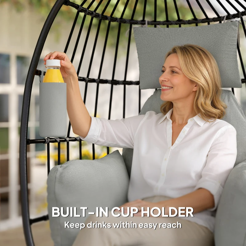 Outsunny Hanging Egg Chair Without Stand, Foldable Basket Swing Chair with Head Pillow, Soft Cushion and Cup Holder, Dark Grey
