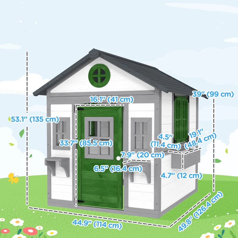 Outsunny Wooden Playhouse for Kids Outdoor with Door, Windows, Planter Pots and Boxes for Toddlers 3-8 Years, White