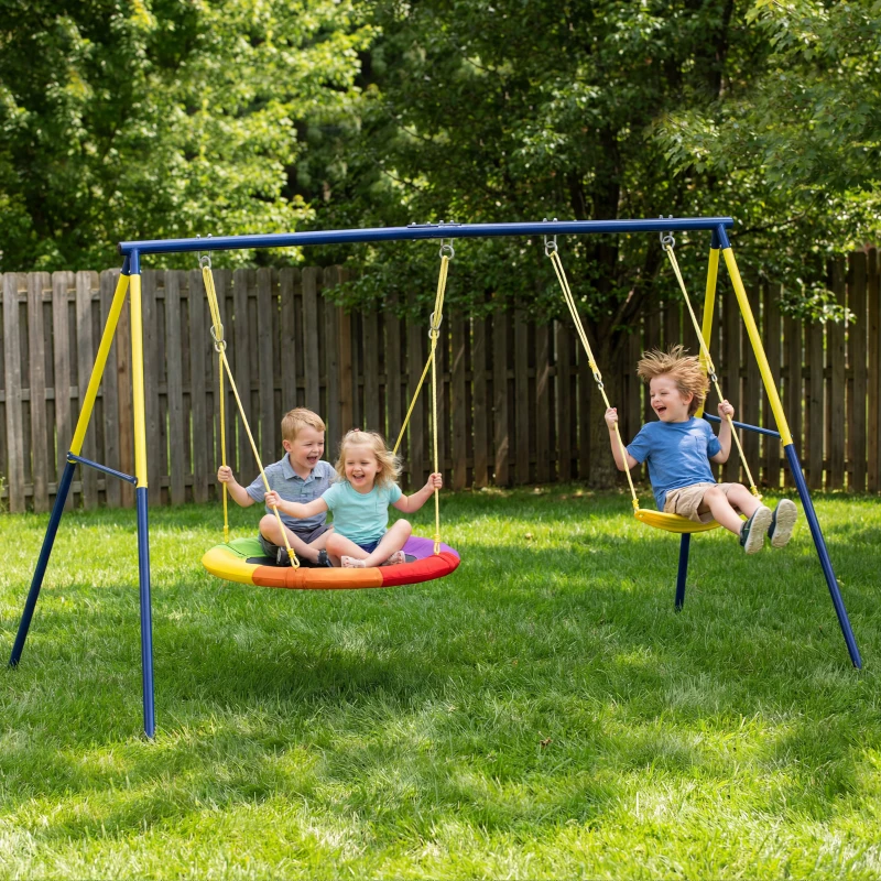 Qaba Kids Swing Set with Double Swings, Outdoor Playset with Adjustable Ropes, Metal Frame for Ages 3-8, 150kg Capacity