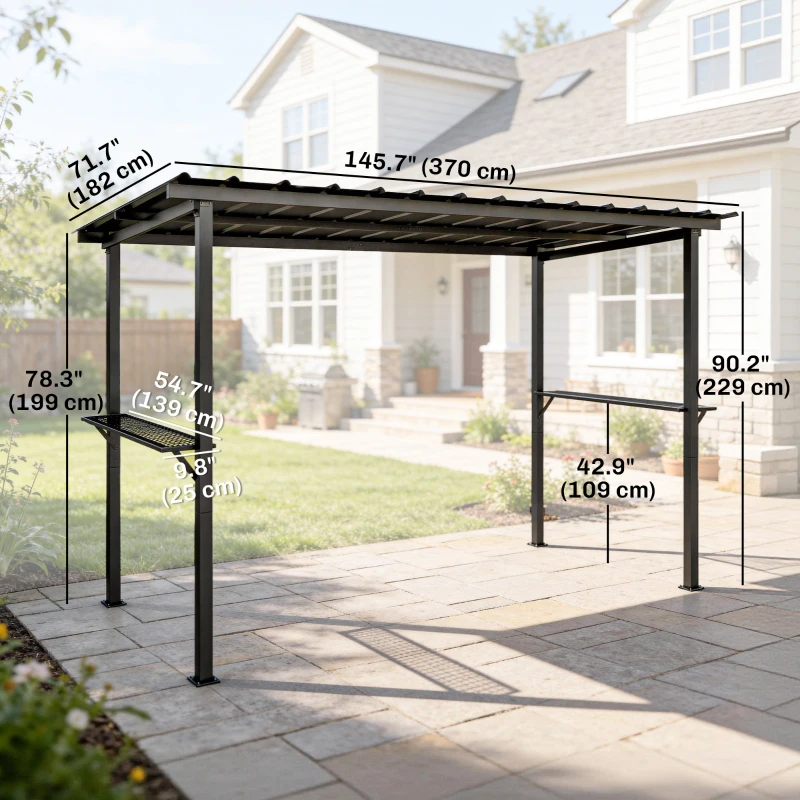 Outsunny 12' x 6' Hardtop Grill Gazebo, BBQ Gazebo with 2 Side Shelves and Galvanized Metal Slope Roof, Black