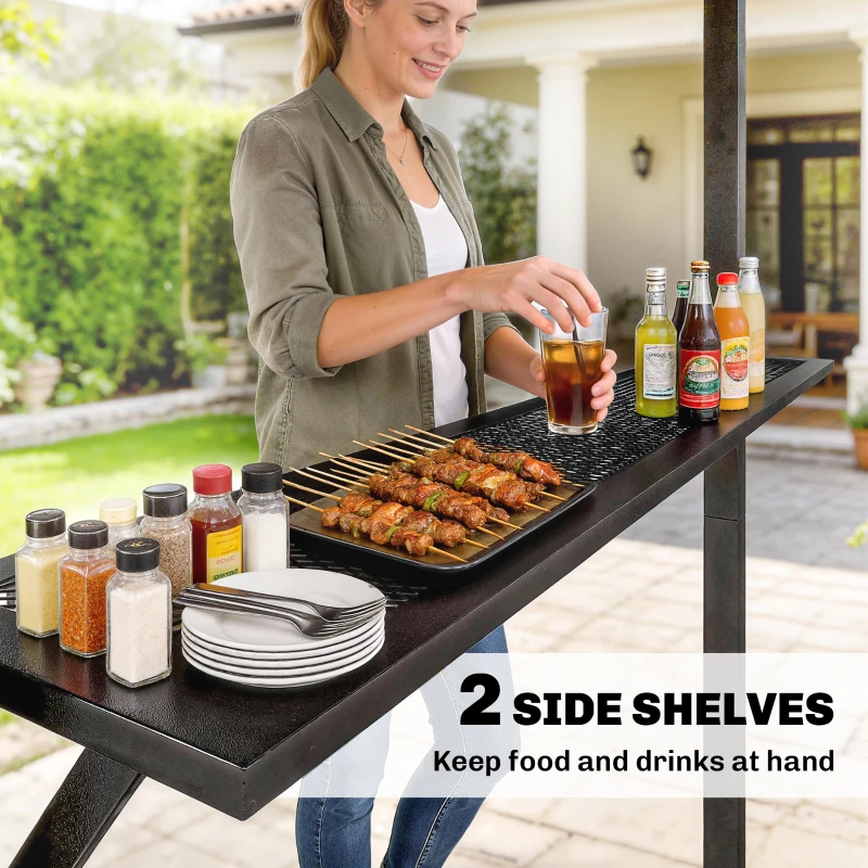 Outsunny 9' x 6' Hardtop Grill Gazebo, BBQ Gazebo with 2 Side Shelves and Galvanized Metal Slope Roof, Black