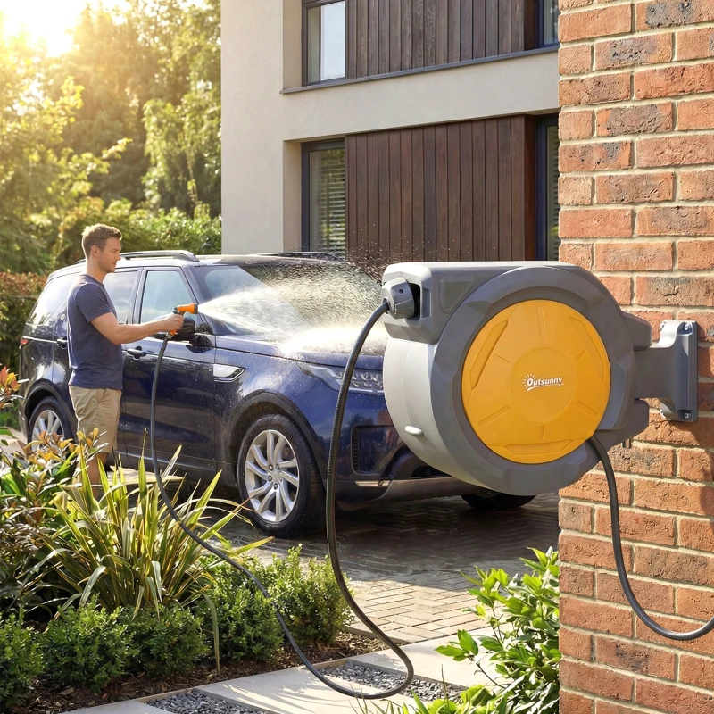 Outsunny 1/2 in x 100ft Wall Mounted Garden Hose Reel, Retractable Water Hose Reel with Auto Rewind, Any Length Lock, Orange