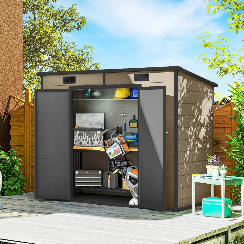 Outsunny 8' x 4' Plastic Outdoor Storage Shed with Floor, Window, Lockable Doors and Vents for Backyard Patio Lawn, Light Brown