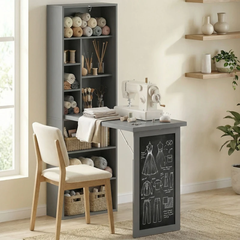 HOMCOM Fold-out Convertible Office Desk, Wall Mount Computer Desk with Blackboard and Side Shelf, Charcoal Grey