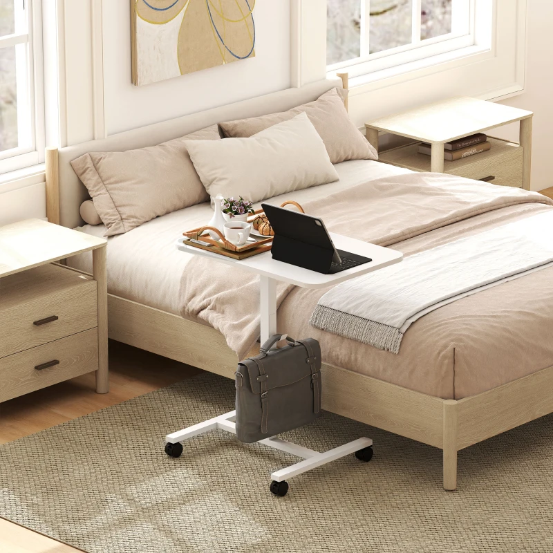 HOMCOM Height Adjustable Standing Desk, Pneumatic Sit Stand Desk with Wheels and Headphone Hook, White Wood Grain