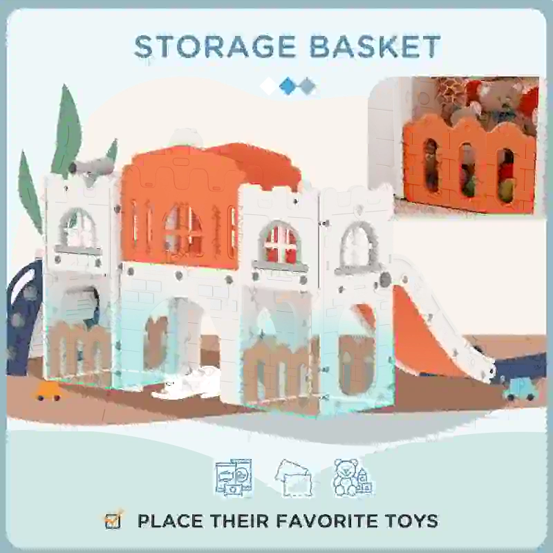 Qaba 7 in 1 Toddler Slide with Basketball Hoop, Climber, Telescope, Tunnel, Steering Wheel, for 1-3 Years, Orange