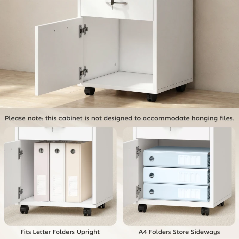HOMCOM 24" Vertical Filing Cabinet with Lockable Drawer, Mobile File Cabinet with 2 Keys, Wheels for Home Office, White