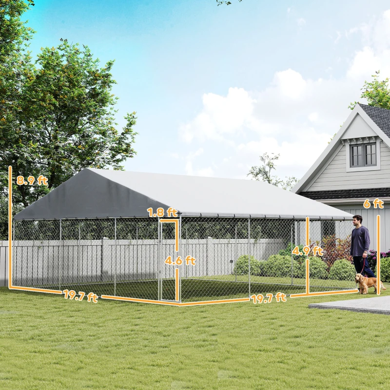 PawHut Heavy Duty Outdoor Dog Kennel with Waterproof Roof, Secure Latch, Chain Link Dog Run for Backyard, 19.7' x 19.7' x 8.9'