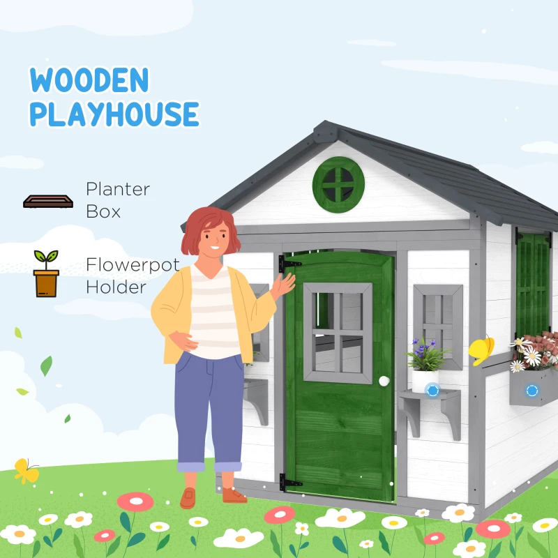 Outsunny Wooden Playhouse for Kids Outdoor with Door, Windows, Planter Pots and Boxes for Toddlers 3-8 Years, White