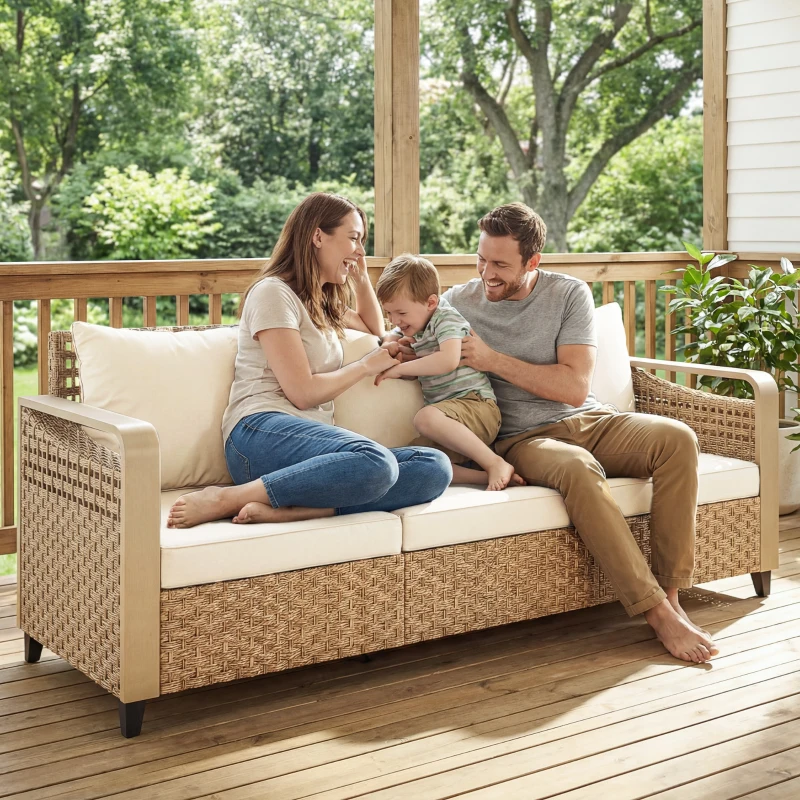 Outsunny Rattan Wicker Sofa 3-Seater Outdoor Patio Sofa with Cushions for Garden Backyard Porch Beige