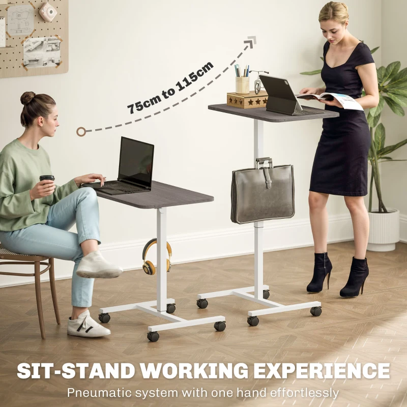 HOMCOM Height Adjustable Standing Desk, Pneumatic Sit Stand Desk with Wheels and Headphone Hook, Grey Wood Grain