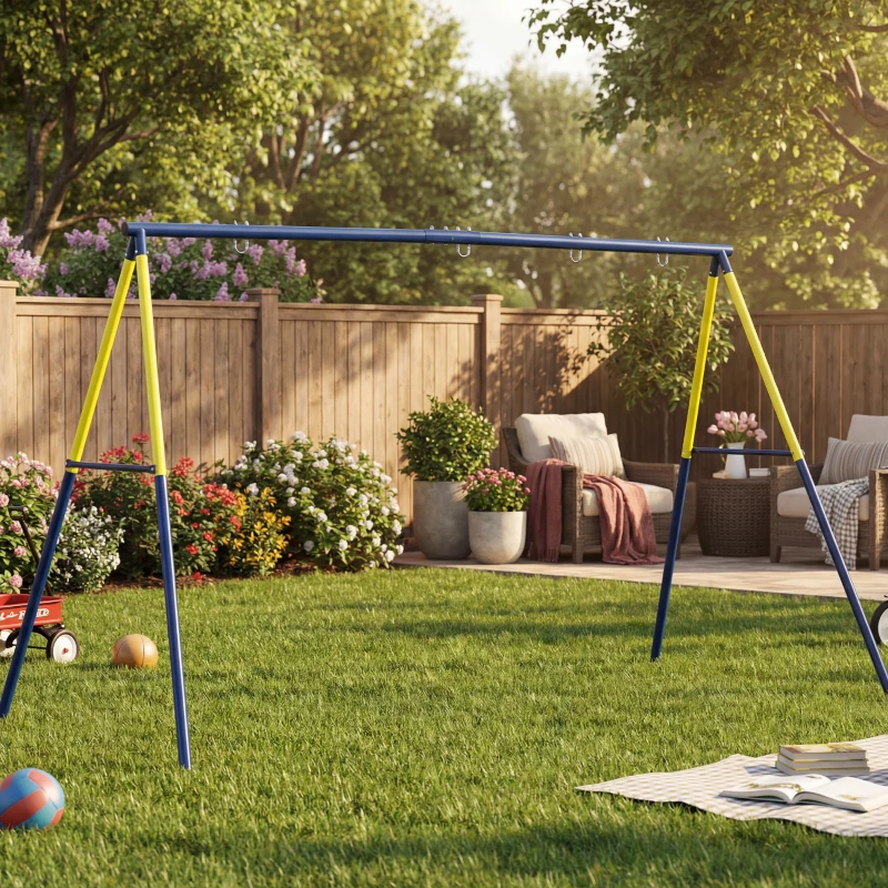 Qaba Kids Swing Set, Heavy Duty Metal 2 Seat Swing Stand Set with Ground Stakes, Supports 150 kg, Indoor Outdoor, Blue