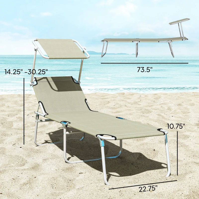 Outsunny Outdoor Pool Chaise Lounge Chair, Folding Tanning Chair with Sun Shade, Cream White
