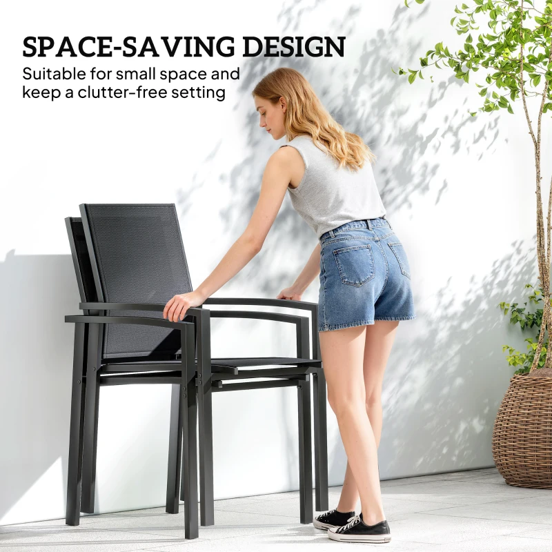 Outsunny Set of 2 Outdoor Garden Chairs, Stackable Patio Dining Chairs with Breathable Fabric, Armrests and Backrest, Black