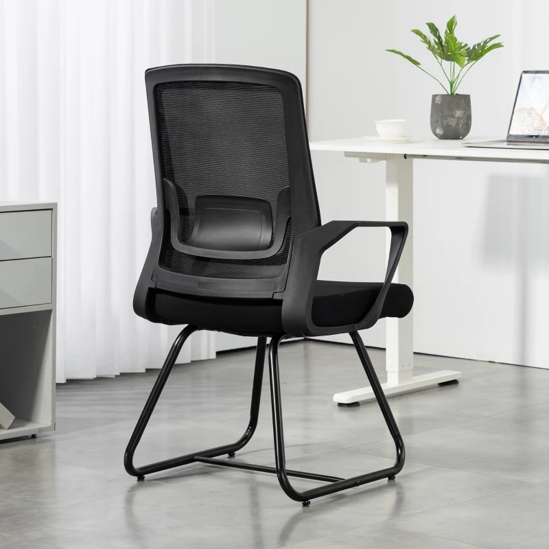 HOMCOM Desk Chair, Desk Chair No Wheels with Mesh Back, Lumbar Support, Metal Base for Reception, Conference
