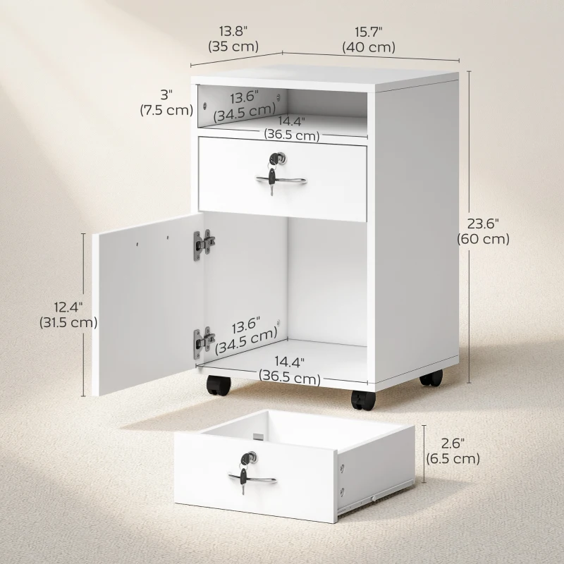 HOMCOM 24" Vertical Filing Cabinet with Lockable Drawer, Mobile File Cabinet with 2 Keys, Wheels for Home Office, White