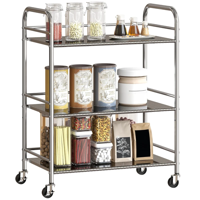 HOMCOM 3 Tier Stainless Steel Rolling Cart with Adjustable Shelf, Utility Cart on Wheels with Handles for Kitchen, Silver