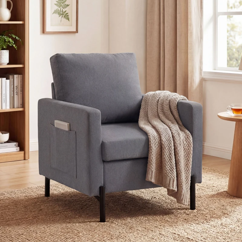 HOMCOM Accent Chair Modern Upholstered Armchair with Side Pockets and Cushion for Bedroom, Living Room, Dark Grey