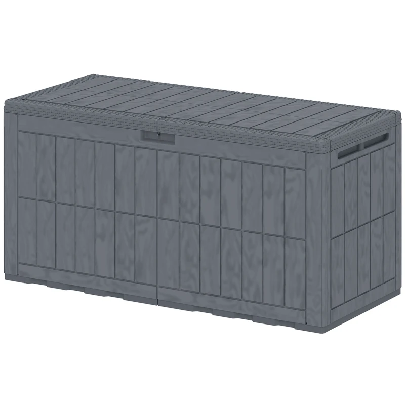 Outsunny 100 Gallon Resin Deck Box, Waterproof Lockable Outdoor Storage Box with Pneumatic Gas Rods, Side Handles