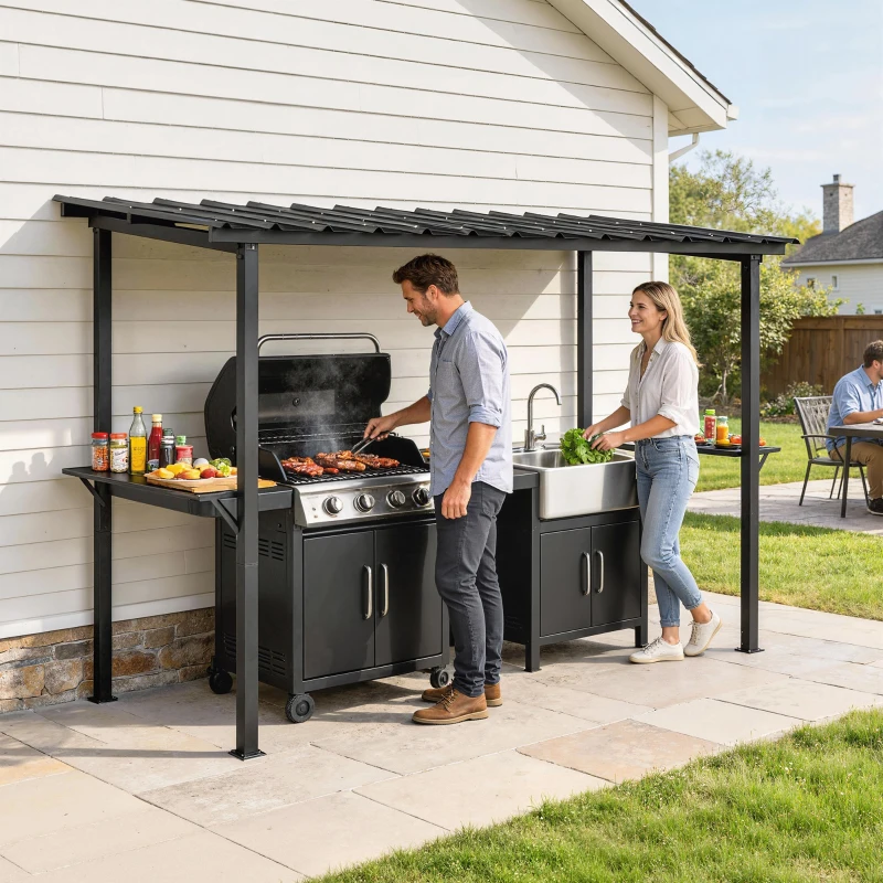 Outsunny 12' x 6' Hardtop Grill Gazebo, BBQ Gazebo with 2 Side Shelves and Galvanized Metal Slope Roof, Black