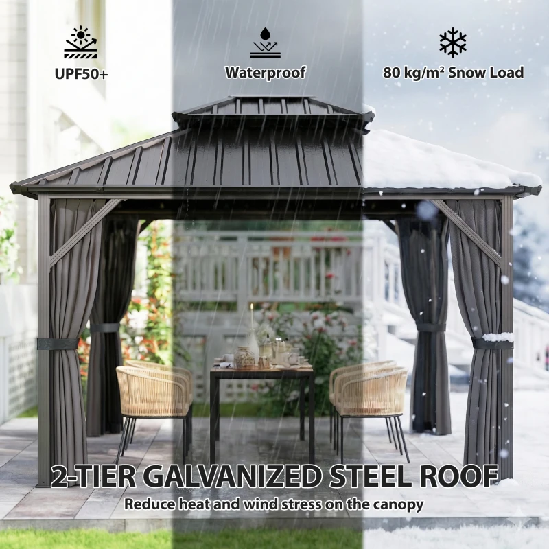 Outsunny 10' x 12' Hardtop Gazebo Canopy with Double Galvanized Steel Roof, Aluminium Frame Permanent Outdoor Gazebo, Dark Grey