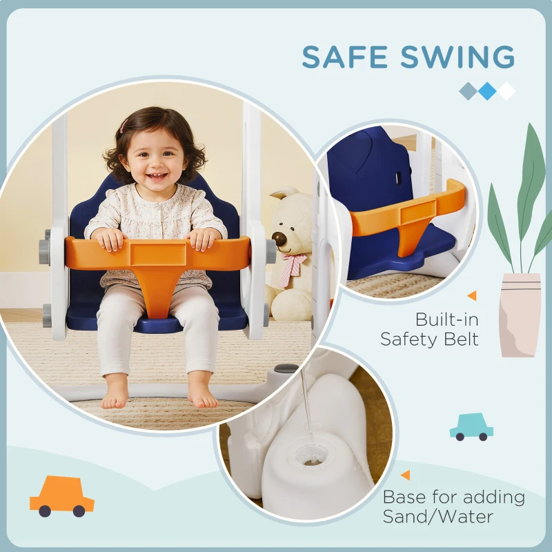 Qaba 6-in-1 Slide and Swing Set Baby Swing Playset Indoor with Basketball Hoop, Climber, Storage Space, Telescope, Orange