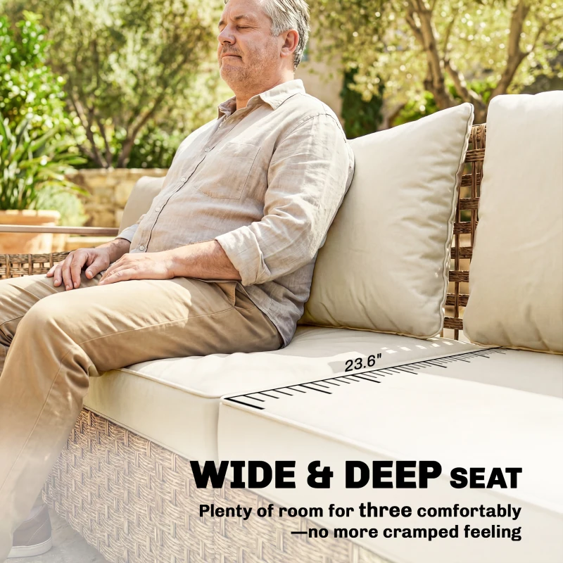 Outsunny Rattan Wicker Sofa 3-Seater Outdoor Patio Sofa with Cushions for Garden Backyard Porch Beige