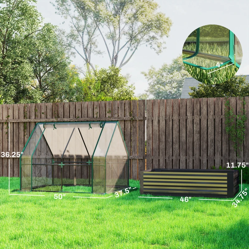 Outsunny 4 x 3 x 1ft Raised Garden Bed with Mini Greenhouse, Galvanized Raised Garden Bed with Cover, Clear and Dark Gray