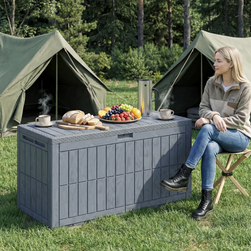 Outsunny 100 Gallon Resin Deck Box, Waterproof Lockable Outdoor Storage Box with Pneumatic Gas Rods, Side Handles