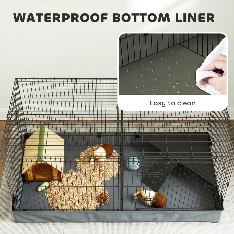 PawHut Guinea Pig Cage with Removable Top, 2 Separate Area, Waterproof Bottom Liner, Ramp, Perch, for Rabbits, Hedgehogs