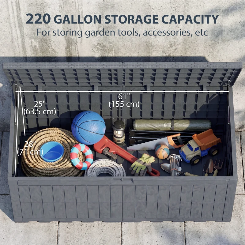 Outsunny 220 Gallon Resin Deck Box, Waterproof Lockable Outdoor Storage Box with Pneumatic Gas Rods, Side Handles