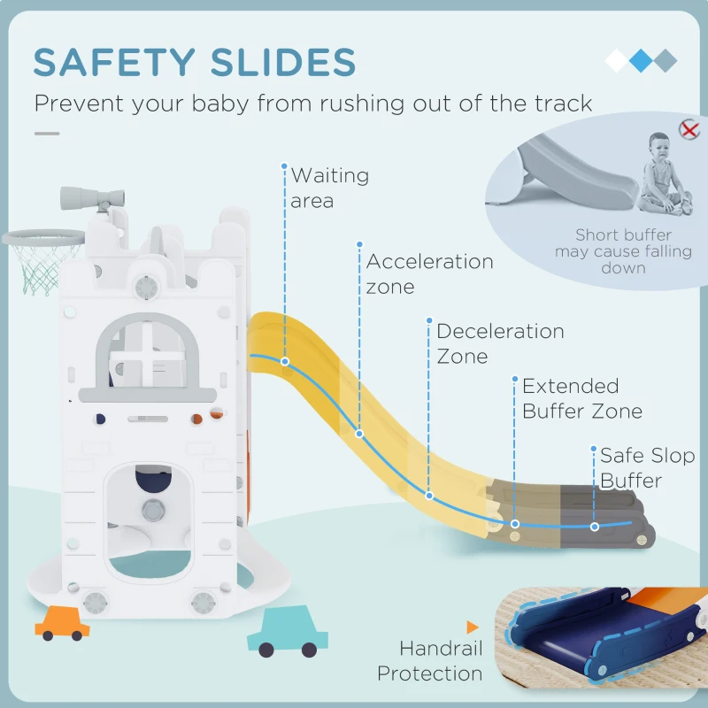 Qaba 6-in-1 Slide and Swing Set Baby Swing Playset Indoor with Basketball Hoop, Climber, Storage Space, Telescope, Orange